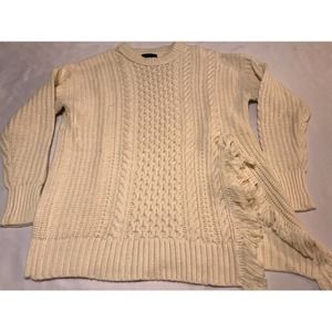 J Crew Cream Chunky Cable Knit Fringe Side Slit Sweater Pullover Oversize S Boho